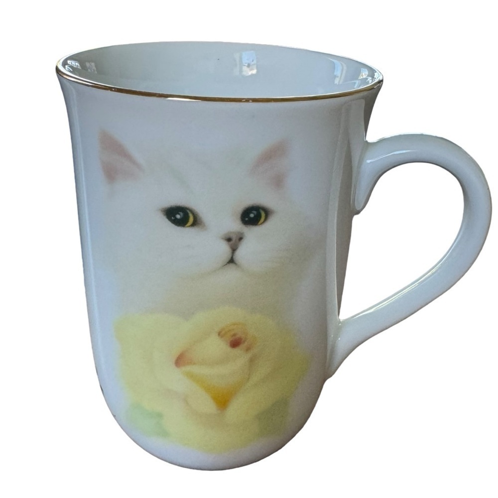 Otagiri Japan Vintage Bob Harrison White Persian Cat Yellow Rose Mug